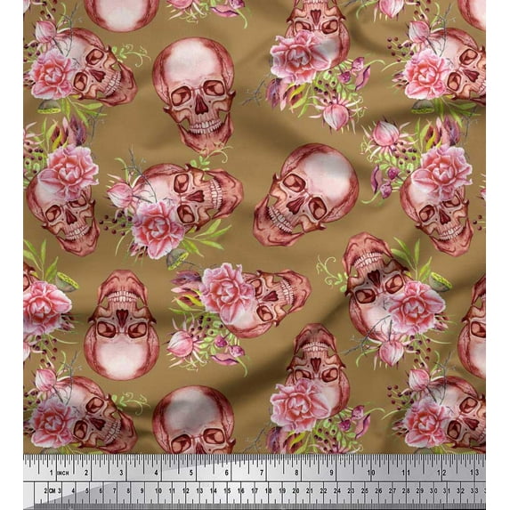 Soimoi Cotton Duck Fabric Skull & Begonia Floral Decor Fabric Printed Yard 42 Inch Wide