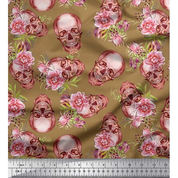 Soimoi Cotton Duck Fabric Skull & Begonia Floral Decor Fabric Printed Yard 42 Inch Wide