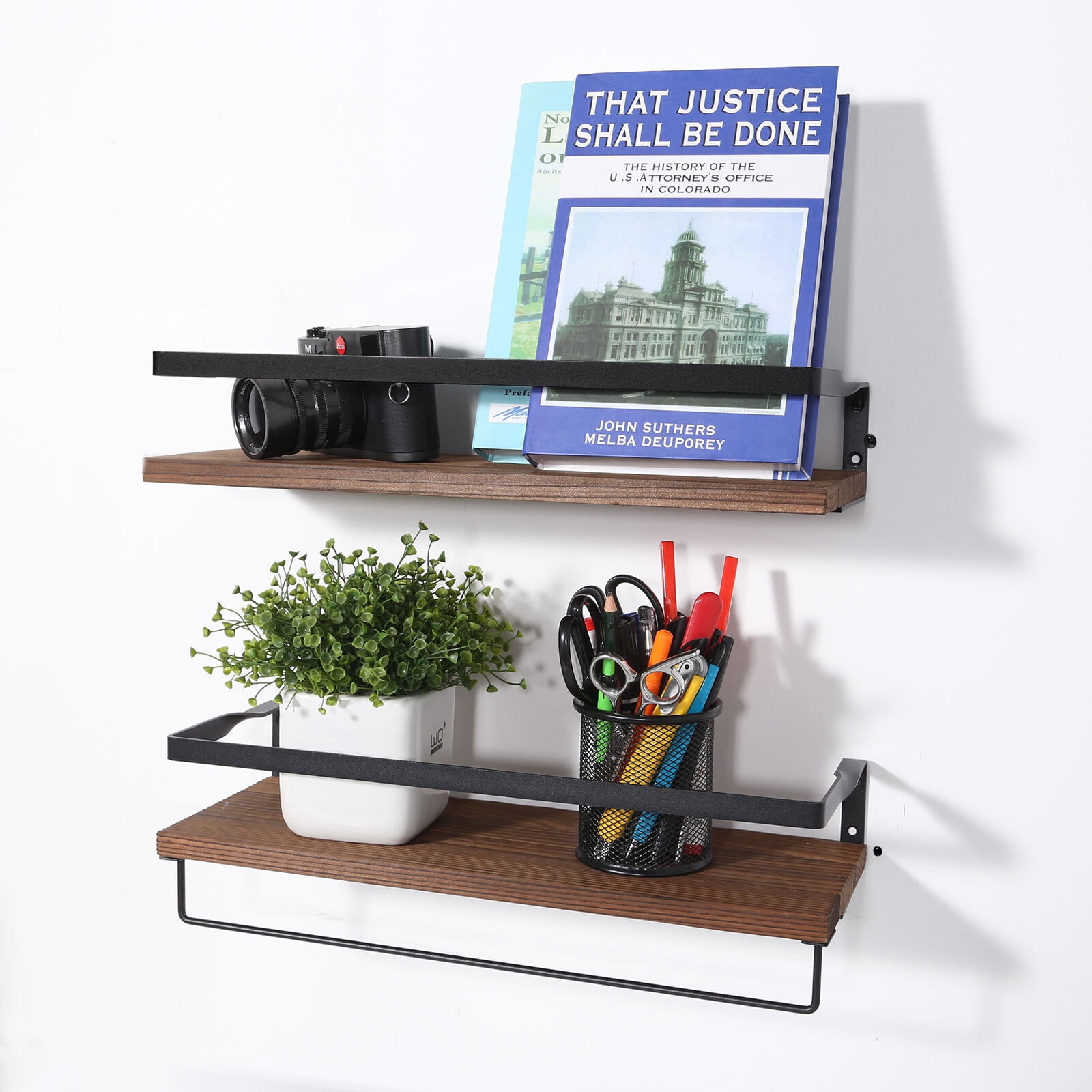 Uten Floating Wall Shelf Set of 2, Wall Mounted Shelves Wooden Holder Loading 20lb, Brown
