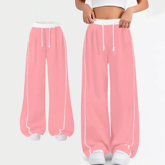 Trikvn Girl's Wide Leg Sweatpants with Contrast Piping Double Drawstring Elastic Waist Loose Fit Joggers Casual Baggy Y2K Streetwear Lounge Athletic Active Pants