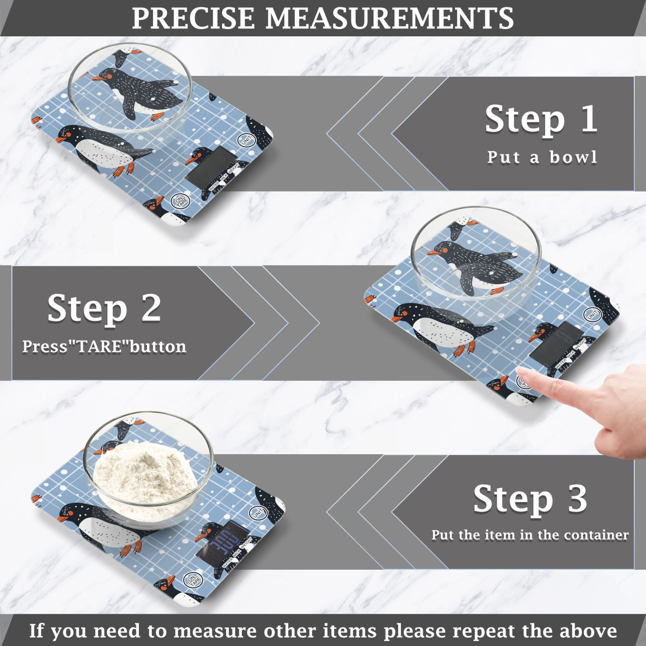 Penguins Grids Food Scale Digital Kitchen Scale Waterproof Tempered Glass Tare Function 11 lb for Baking Cooking Meal Prep