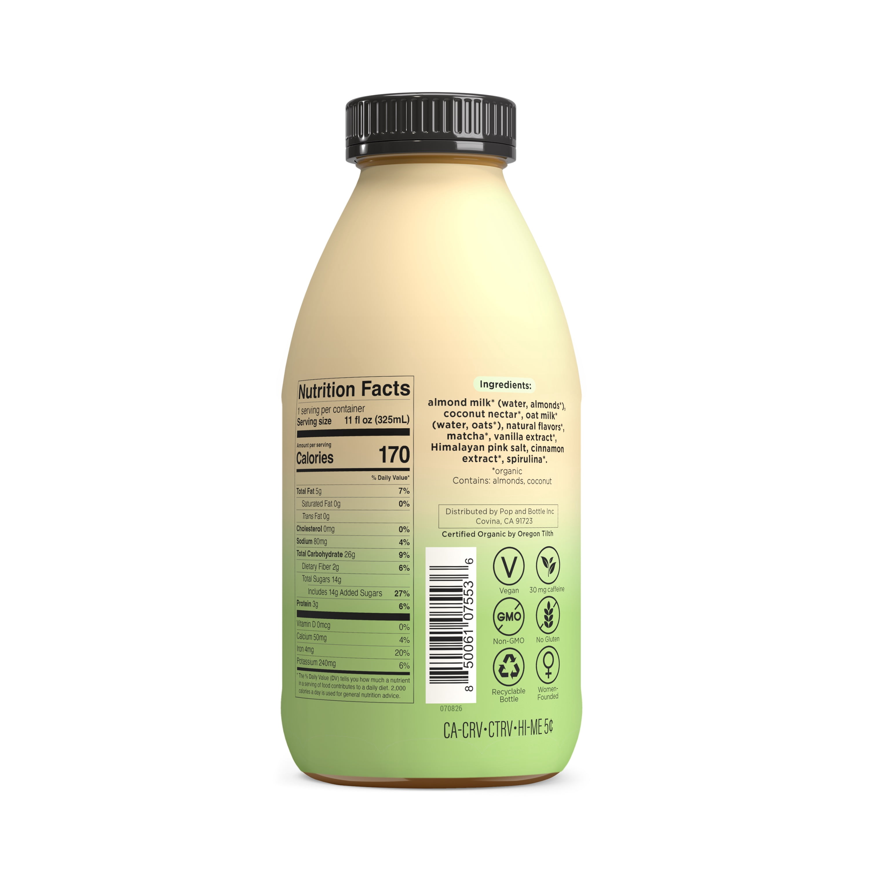 Pop & Bottle Vanilla Bean Matcha Almond Latte, Refrigerated/ Chilled, 11 fl oz