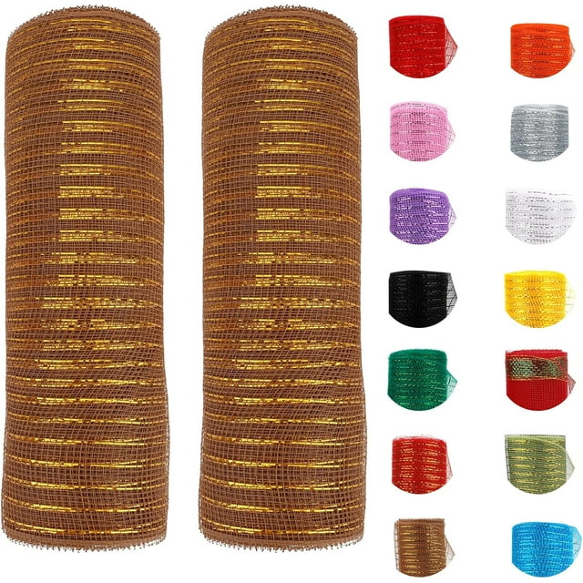 2 Rolls Red Mesh Ribbon, Christmas Deco Mesh 10 Inch x 30 Feet Each Roll, Metallic Red with Foil Ribbon for Christmas Tree Decorations Halloween Party Decor Crafts Wreaths,Marrón