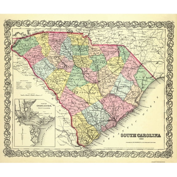 Historic State Map - South Carolina - Colton 1855 - 27.31 x 23 - Vintage Wall Art