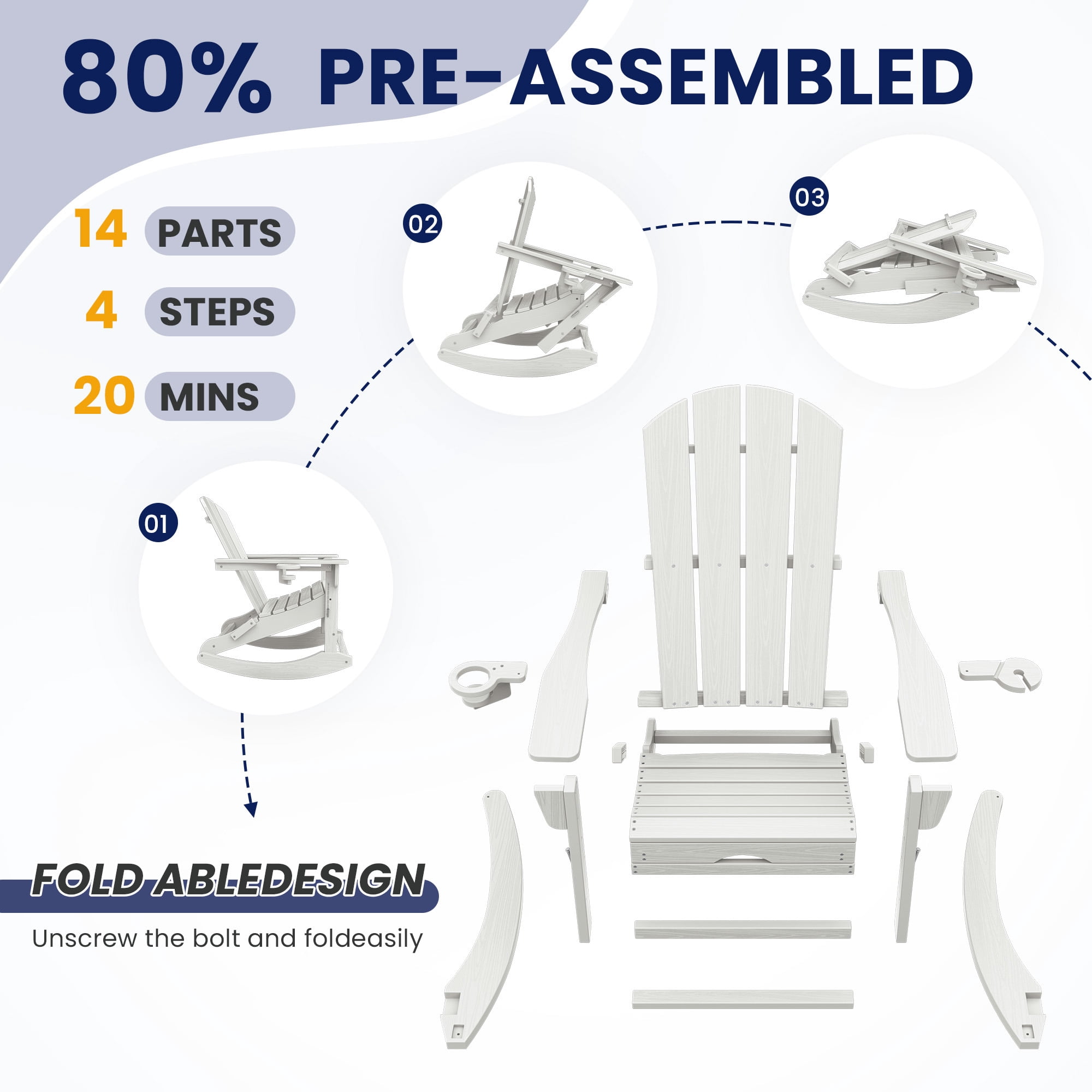 KINGYES Adirondack Rocking Chair with Retractable Ottoman and Cup Holders, HDPE Adirondack Rocker, Patio Rocking Chair for Porch, Patio