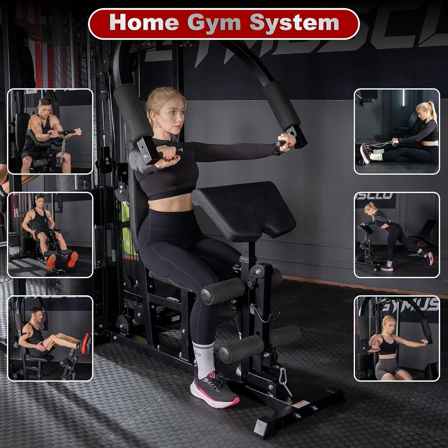 gymusclo Multifunction Home Gym Equipment Workout Station, Smith Machine with 150LBS Weight Stack, Cable Crossover, Leg Press, LAT Station, Heavy Duty Functional Trainer for Full Body Training