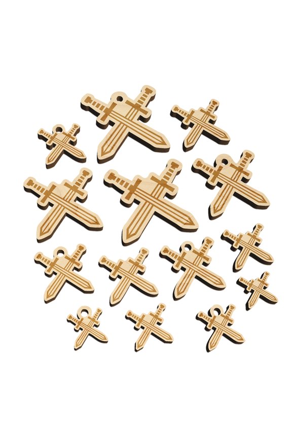 Crossed Swords Battle Icon Wood Mini Charms Shapes DIY Craft Jewelry - With Hole - 18mm (17pcs)
