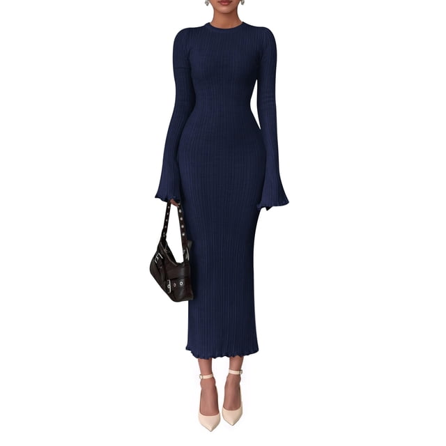 Vestido PRETTYGARDEN 2025 Otoño Azul Marino Ajustado de Manga Larga