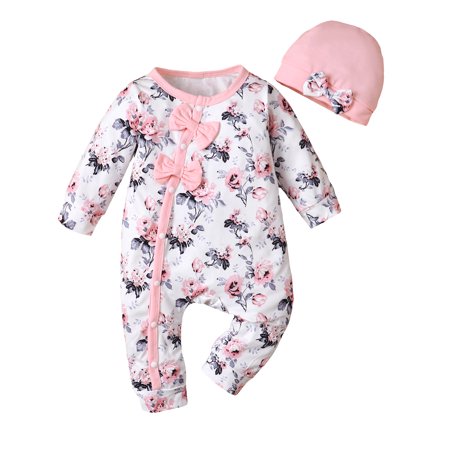 

KIMI BEAR Newborn Baby Girl Romper 3-6 Months Fall Winter Round Neck Long Sleeves Romper Button Floral Bodysuits Hat 2PCS Pink