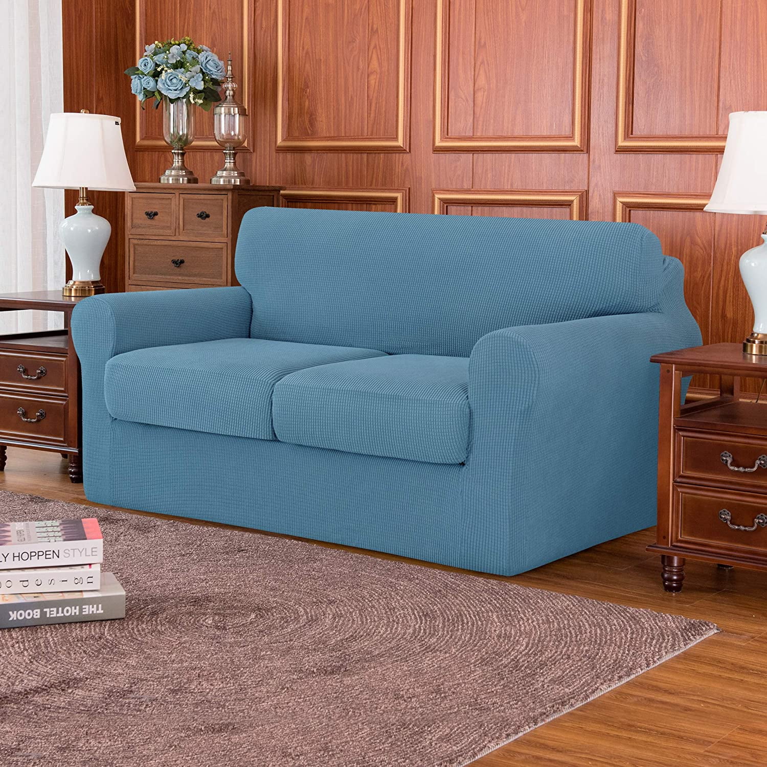Subrtex Textured Grid Stretch Sofa Cover Couch Slipcover with Separate Cushion Cover (Denim Blue, Loveseat)