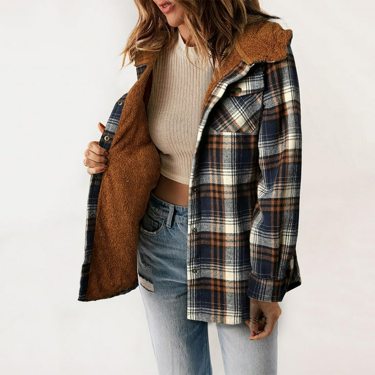 REDARER Columbia Jacket Women Plaid Shacket Jacket Long Sleeve Button Down Hooded Jackets Warm Coat For Women Jackets for Women Columbia Brown XL