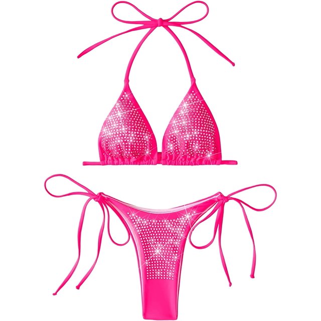 Conjunto de traje de baño sexy de 2 piezas con diamantes de imitación y lazo en la espalda para mujer Rosa encendido G Rosa encendido G Xishao ropa