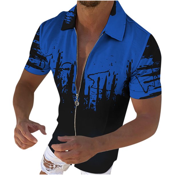 Hombres Casual Turndown 3D Tie-Dye Print Camisa de manga corta Cremallera Cardigan Blusa Pompotops oipoqjl24485