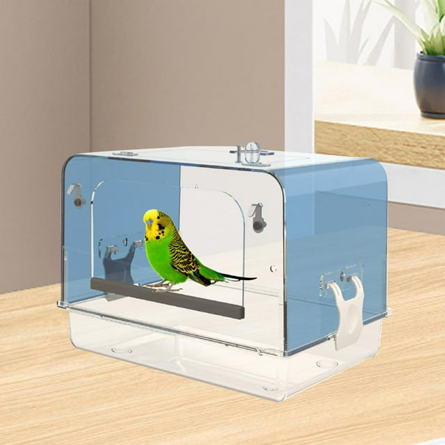 Caja de baño enjaulada para pájaros y mascotas, bañera colgante para loros, periquitos, loros canarios, cuenco de ducha de agua, casa de baño para páj azul