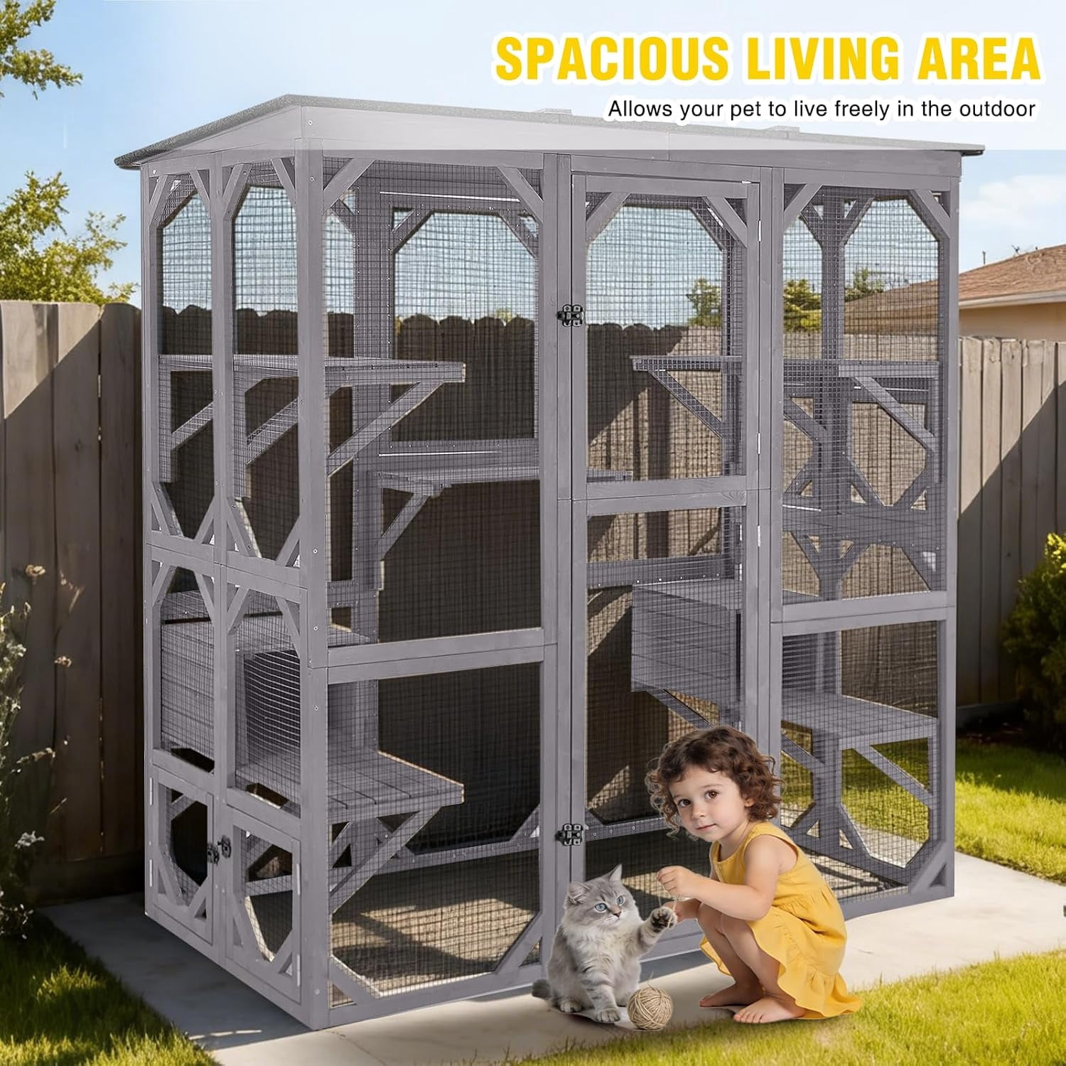 Aivituvin Catio Cat Enclosure Extra Large Window Cat House for Outdoor Cats, Walk-in Kitty Cage with Asphalt Roof, 7 Platforms, 2 Resting Boxes, Indestructible Feral Cat Shelter for Backyard