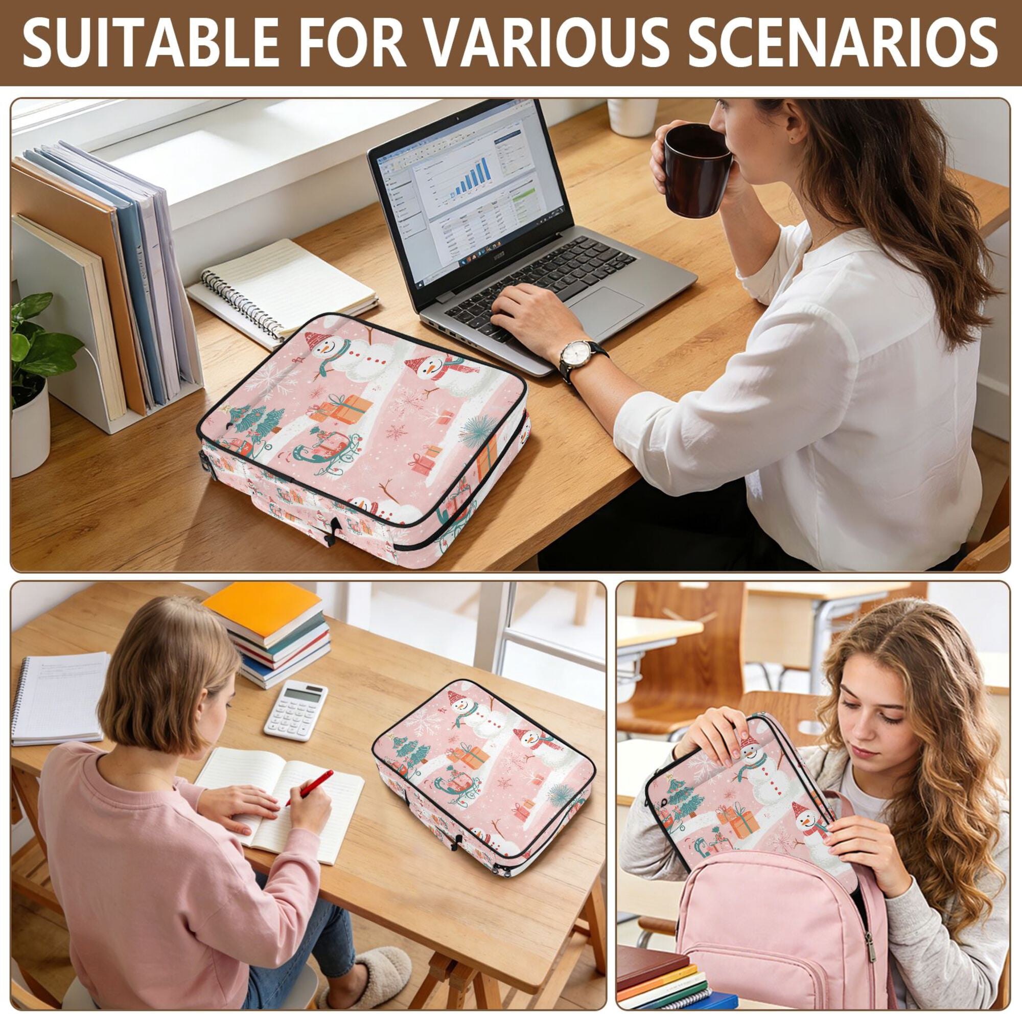 FORMRS Accordion File Folder A4 Size 7-Pocket Expanding Document Organizer Bag with 3 Ring Binder, Pink Christmas Snowman