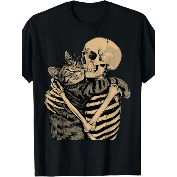 Skeleton Hugging Cat Graphic T-Shirt Crew Neck Tee Casual Printed Top Perfect for Cat Lovers Women Clothing