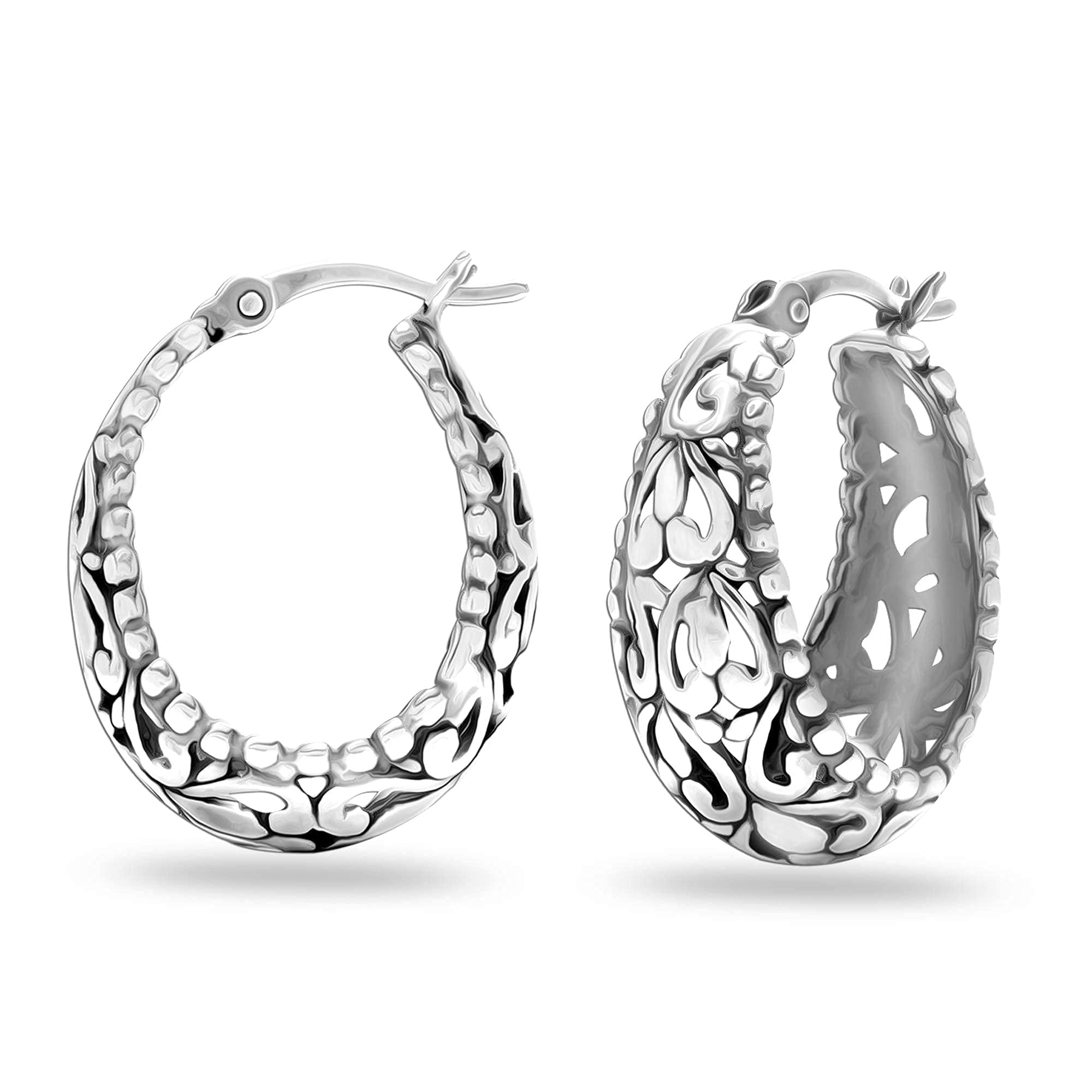 LeCalla 925 Sterling Silver Jewelry Floral Design Light-Weight Oval Filigree Hoop Earrings for Women and Teen 25MM