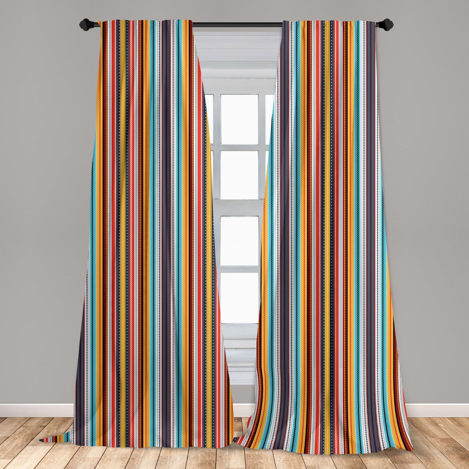 Ethnic Curtains 2 Panels Set, Composition of Vertical Stripes with
