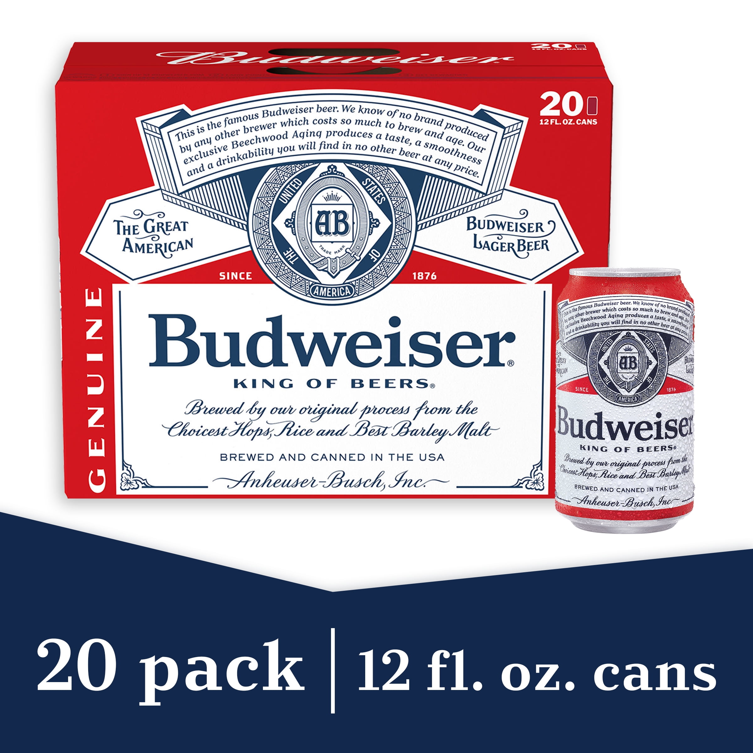 Budweiser Beer, 20 Pack Beer, 12 FL OZ Cans