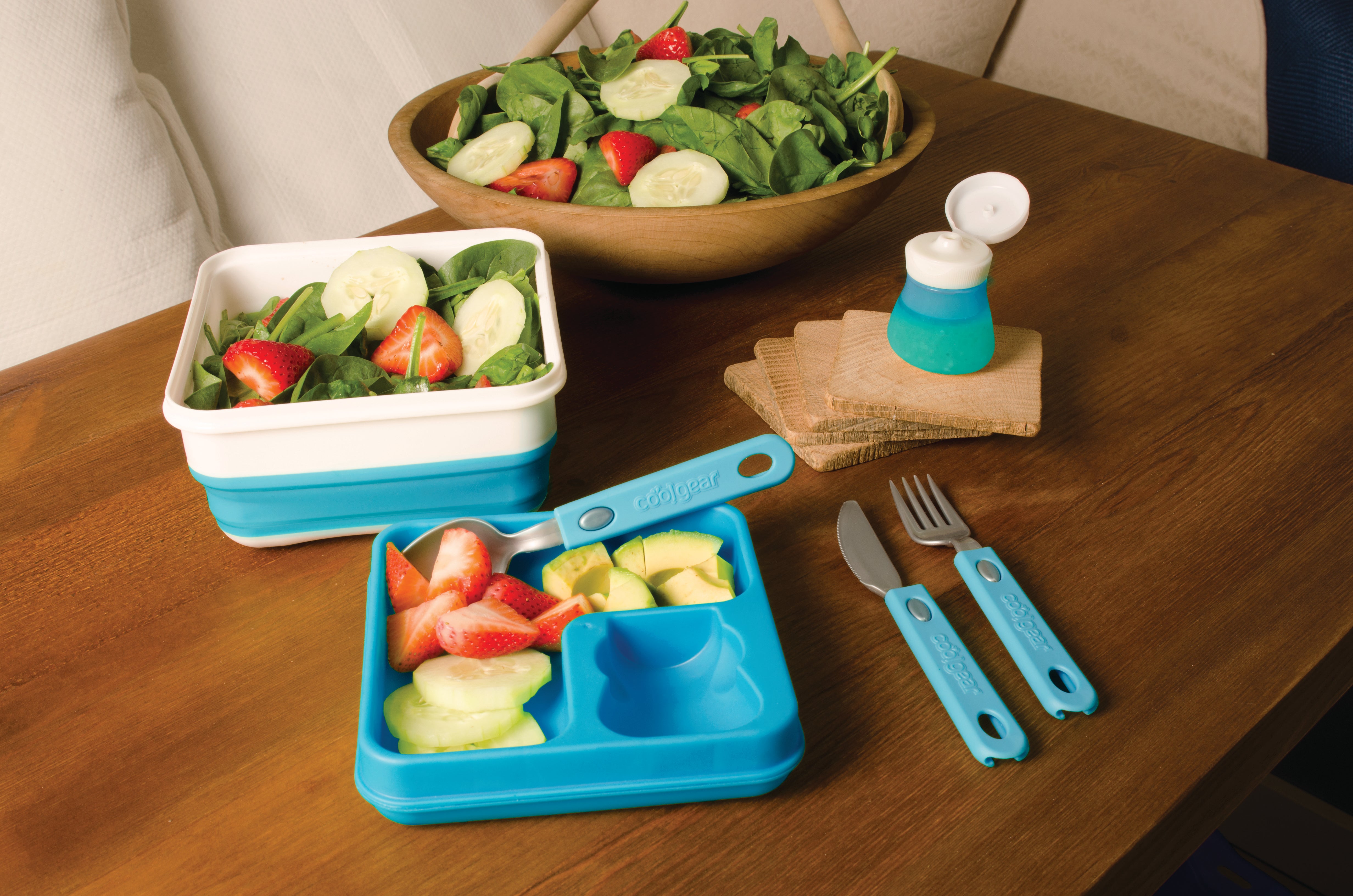 COOL GEAR 2-Pack Large Expandable To-Go Salad Kit Lunch Containers - Rectangle & Square - 52 oz Bowl with 3 Compartments for Salad Toppings and 2 oz Salad Dressing Bottle | Leakproof, Bento Meal P - image 3 of 3