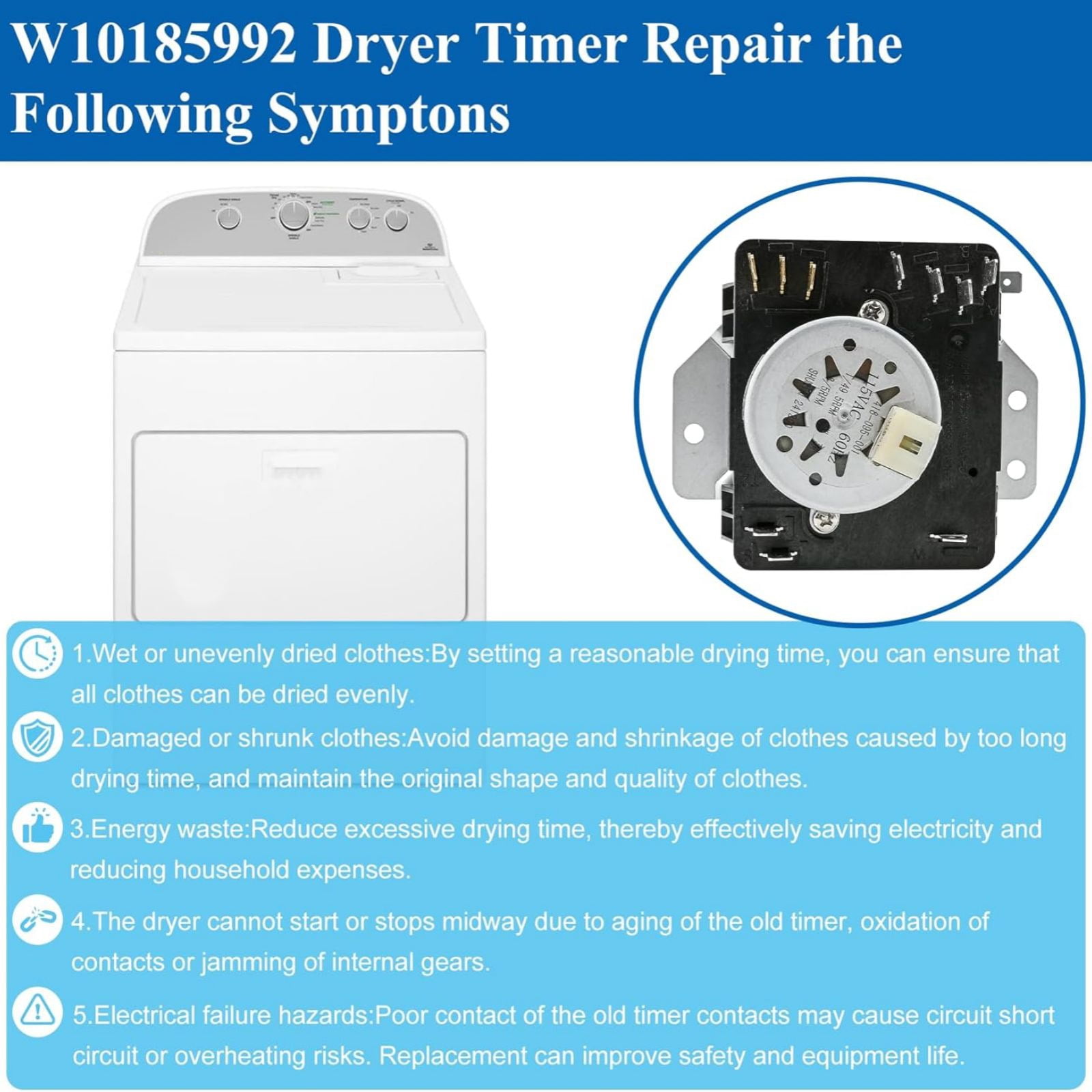 TAPDRA Replacement Cycle Timer for Whirlpool Maytag Crosley Kenmore Dryers Replaces AP6016542 115V 60Hz Control