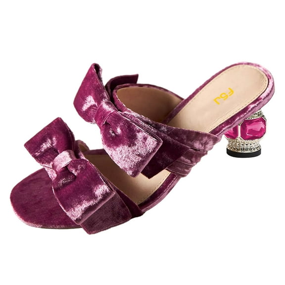 FSJ Women Stylish Round Open Toe Slip on Mules Bowknot Mid Chunky Crystal Heel Sandals Party Wedding Date Event Dressy Shoes Size 8 Fuchsia