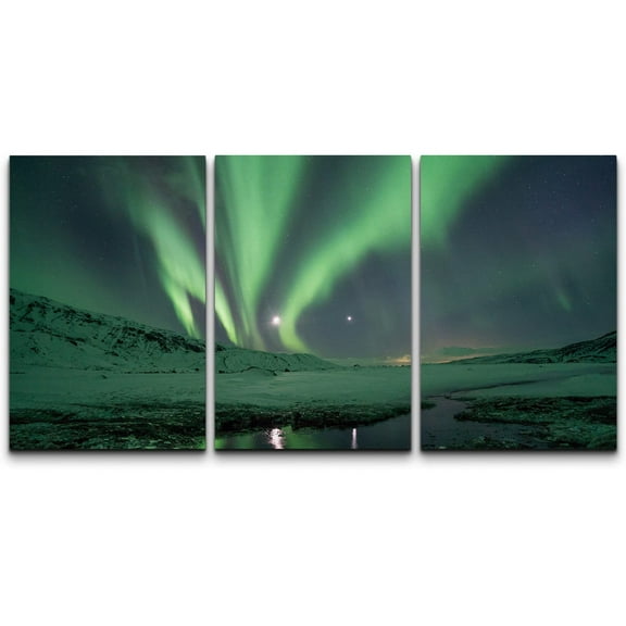 wall26 Canvas Print Wall Art Set Green Aurora Borealis Northern Lights Nature Wilderness Photography Realism Rustic Scenic Colorful Travel Ultra for Living Room, Bedroom, Office - 16"x24"x3