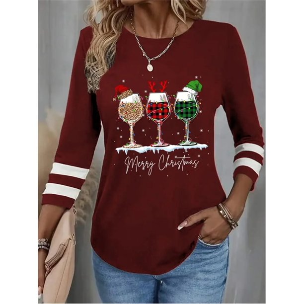 Camiseta para mujer, sudadera navideña de Papá Noel feo, cuadros de leopardo, estampado de copa de vino, manga larga, fiesta, Navidad, ajuste Regular, pintura