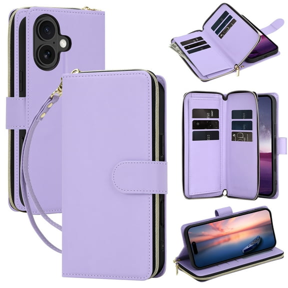 ELEHOLD Zipper Wallet Case For Apple iPhone 17 with with Lanyard Shoulder Strap,Shockproof Credit Card Slot Cash Pocket Magnetic PU Leather TPU Protective Cover ,Purple