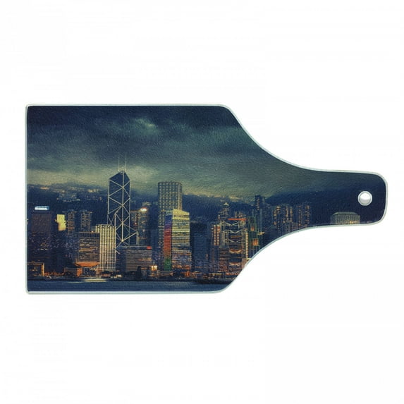 Cityscape Cutting Board, Hong Kong Cityscape Stormy Weather Dark Cloudy Sky Waterfront Port Dramatic View, Tempered Glass Cutting and Serving Board, Wine Bottle Shape, Multicolor, by Ambesonne
