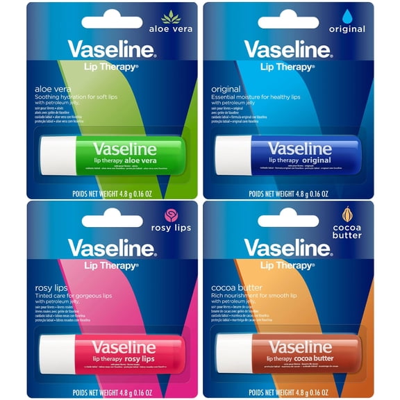 Vaseline Lip Therapy Variety 4-Pack, Moisturizing Lip Balm With Vitamin E, 0.16 Oz Ea Packaging May Vary