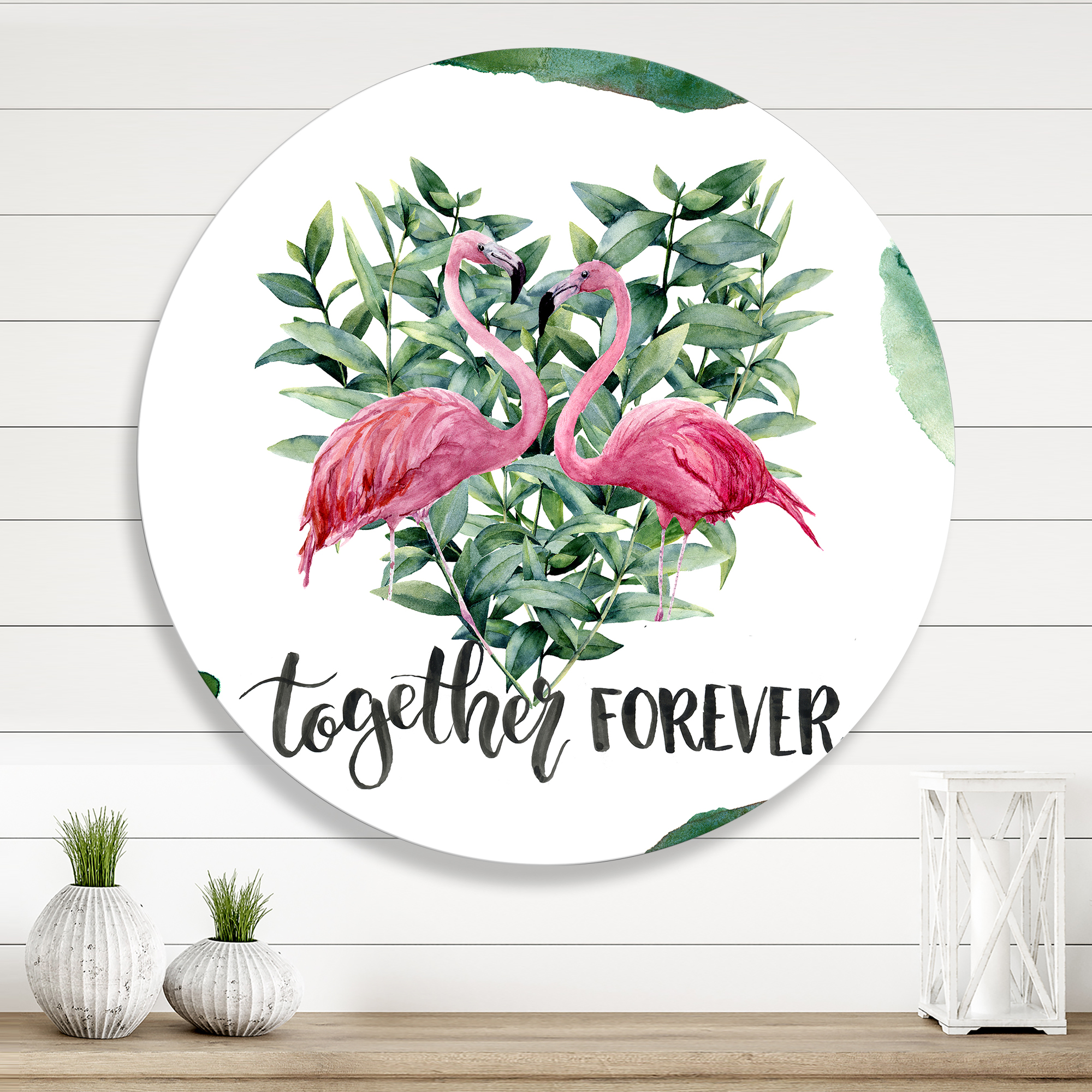 Designart 'Eucalyptus Leaves With Flamingo Floral Heart' Traditional Circle Metal Wall Art 11x11 - Disc of 11