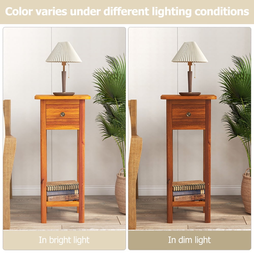 Finihen Side Table, Sofa Side Table, Bed Side Table, 2 Tier Slim Nightstand Bedside Table with Drawer Shelf, for Living Room, Bedroom, Brown