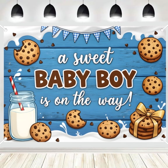 A Sweet Baby Boy Is On The Way Backdrop, Blue Wood Cookie and Milk Photography Background, Baby Shower Party Banner for Boy Gender Reveal, Photo Booth Decor 16x24in
