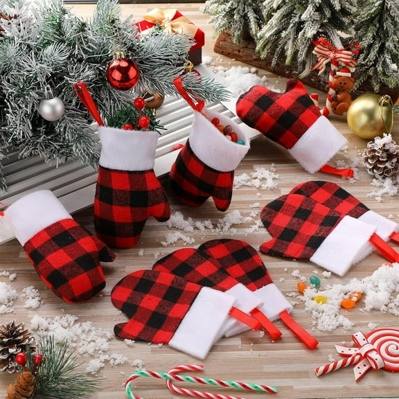 10PCS Mini Christmas Mitten Stocking Red Buffalo Plaid Xmas Small Stockings with Plush Cuff Gift Treat Holder Bags Mini Hanging Decoration for Christmas Tree Wall Fireplace Party Supplies