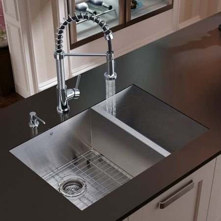 Vigo Double Bowl Sink VIGO All-In One 29” Endicott Stainless Steel Double Bowl Undermount Kitchen Sink Set With Edison Faucet In Chrome, Two Grids, Two Strainers And Soap Dispenser ()