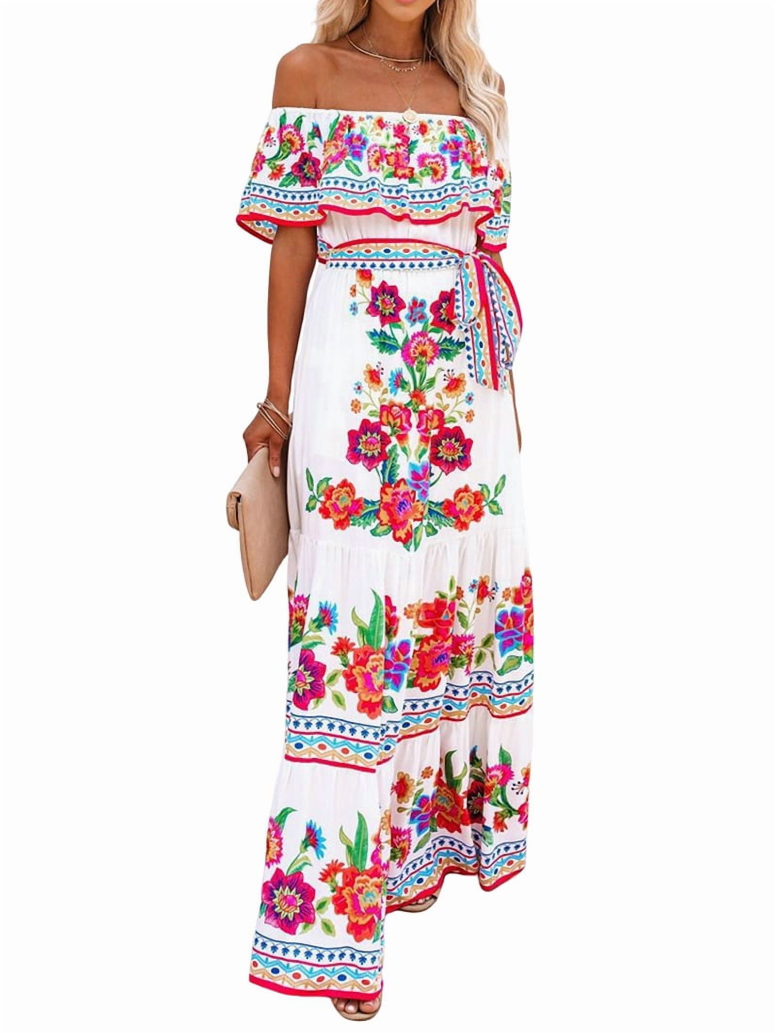 Women's Mexican Maxi Dress Off the Shoulder Sleeveless, Floral Print Long Beach Dress for Summer, Bohemian Vacation White & Red L