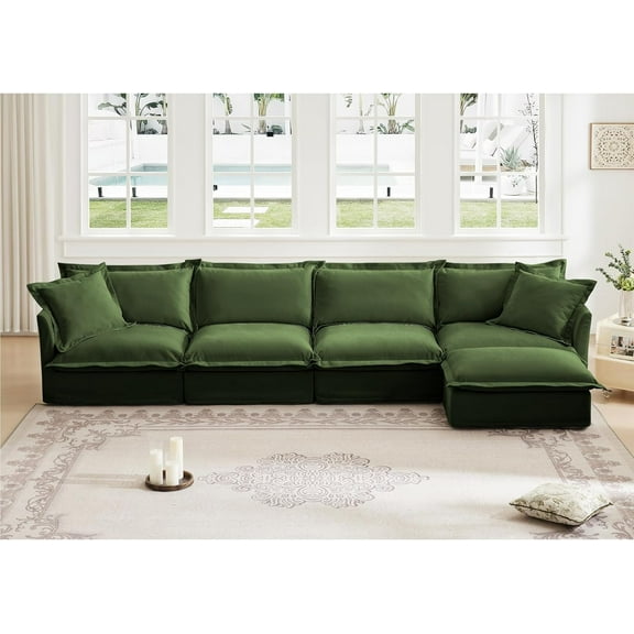 Oversized Modular Sectional Sofa, 156.6" L Shaped Couch with Ottoman, 4 Deep Seat Comfy Cloud Couch with 2 Pillows & Washable Covers, Modern Chenille Sofa Couches for Living Room, Green