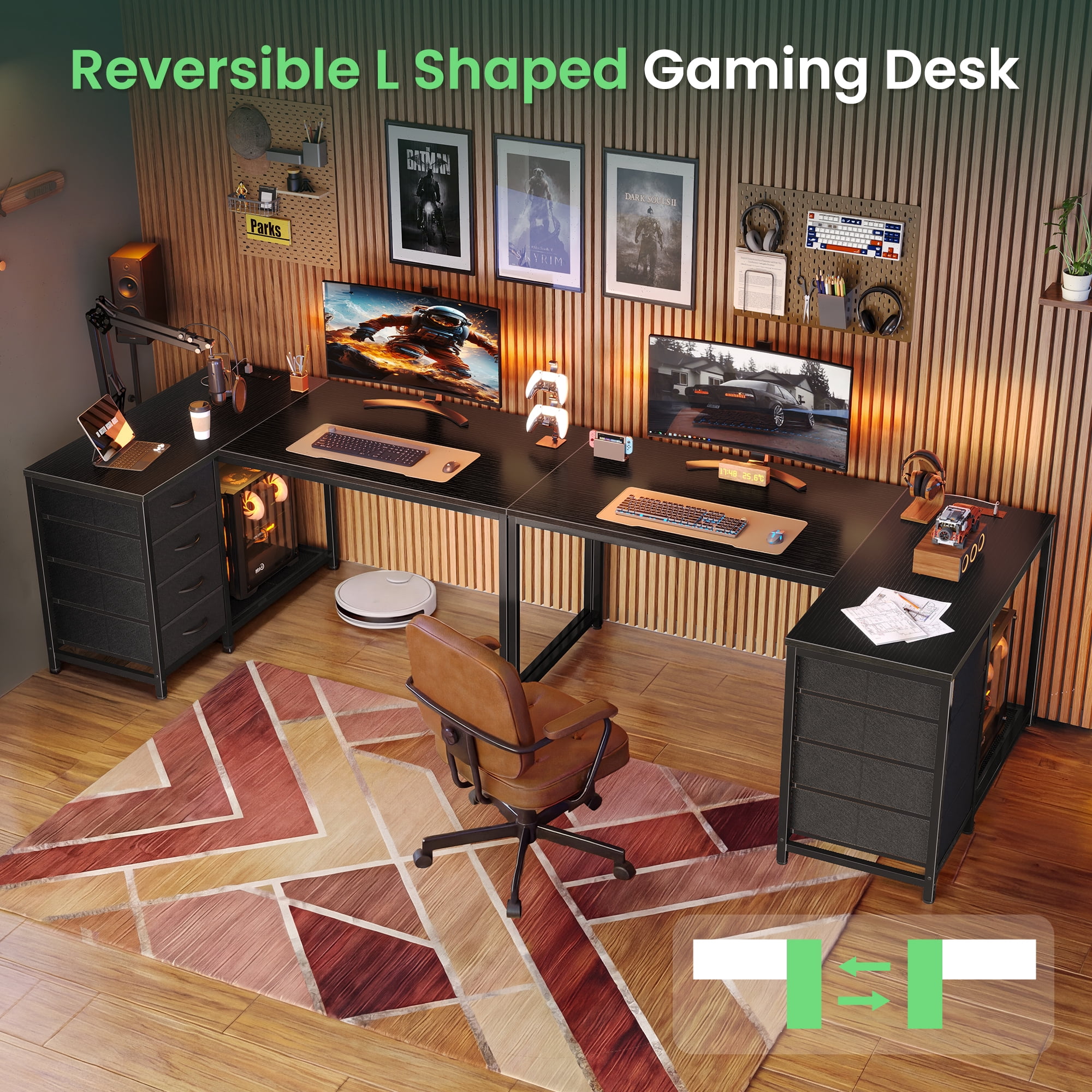 Amadwell 43 Inch L Shaped Desk with Power Outlets & Drawers, Reversible L-Shape Computer Desk