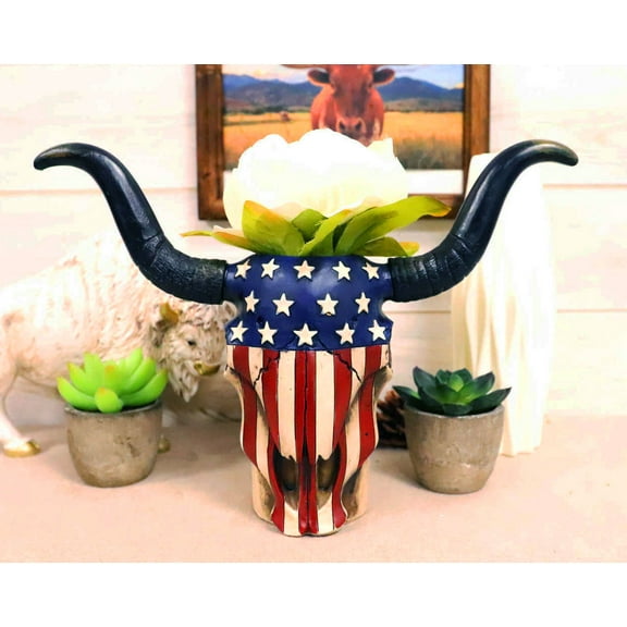 Western Patriotic US American Flag Old Faithful Longhorn Cow Skull Vase Planter