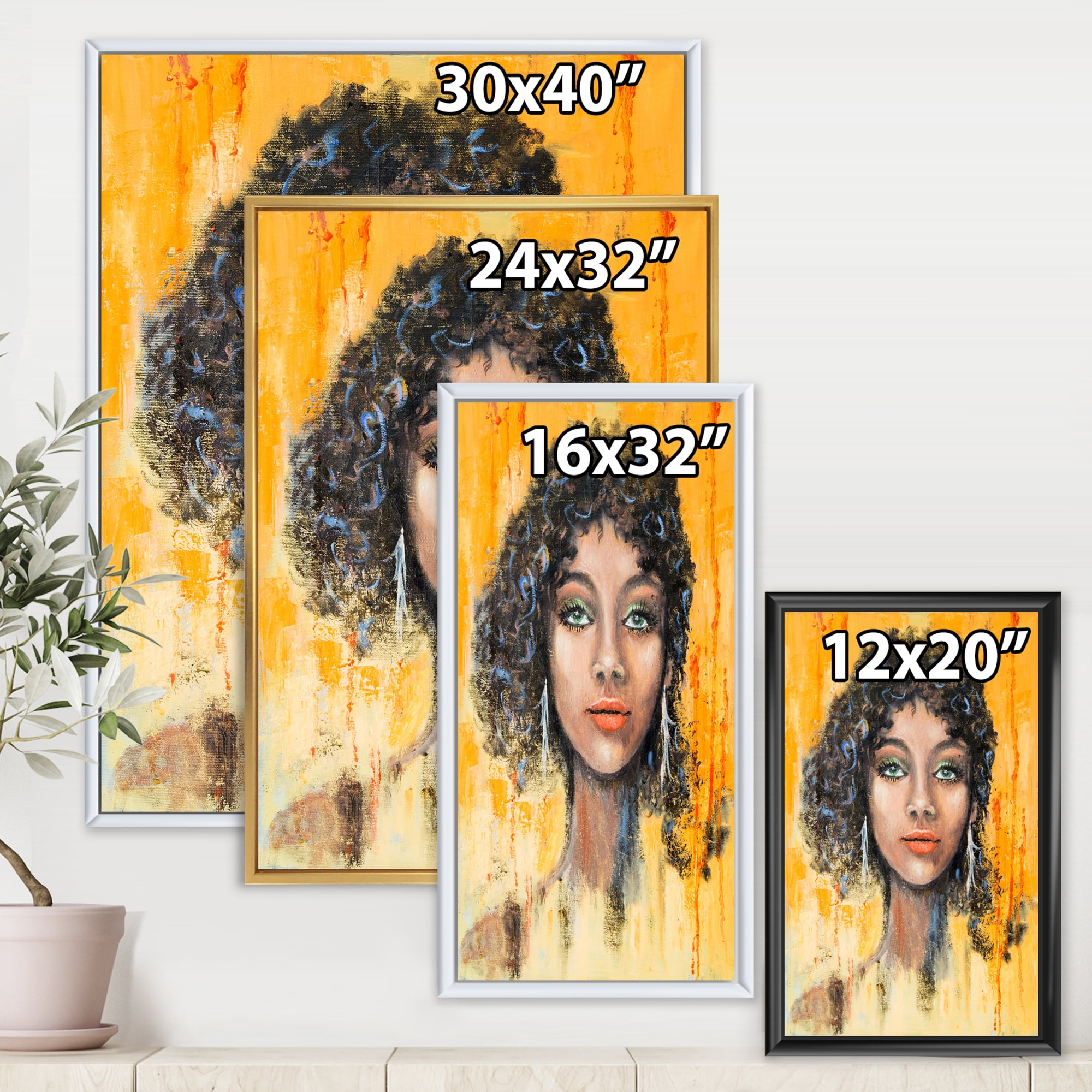 Designart 'Girl Face With Green Eyes & Black Hair Impression' Modern Framed Canvas Wall Art Print
