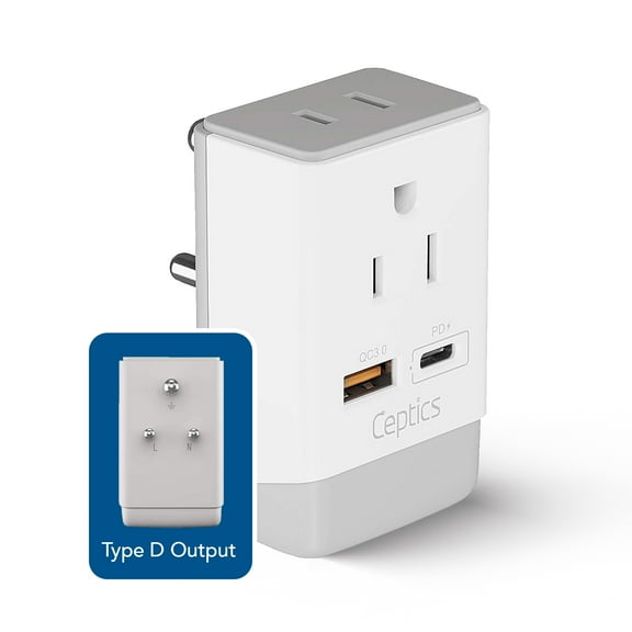 India Maldives Power Plug Adapter Travel QC 3.0 & PD by Ceptics, Safe Dual USB & USB-C - 2 USA Socket Compact & Powerful - Use in Pakistan Nepal Sri Lanka - Type D AP-10 - Fast Charging