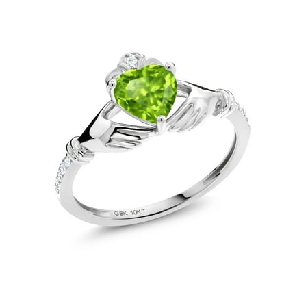 0.83 Ct Heart Shape Green Peridot White Diamond 10K White Gold Irish Celtic Claddagh Ring