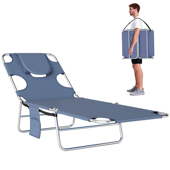 Outsunny Tanning Chair with Face Hole, 5-Level Folding Lounge Chair, Grey