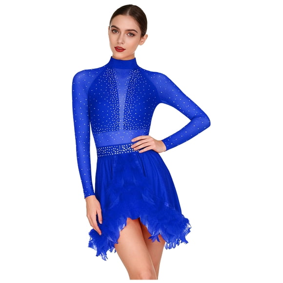 YiZYiF Women Long Sleeve Mesh Shiny Figure Ice Skating Dress Ballet Dance Gymnastics Leotard Navy Blue XXL