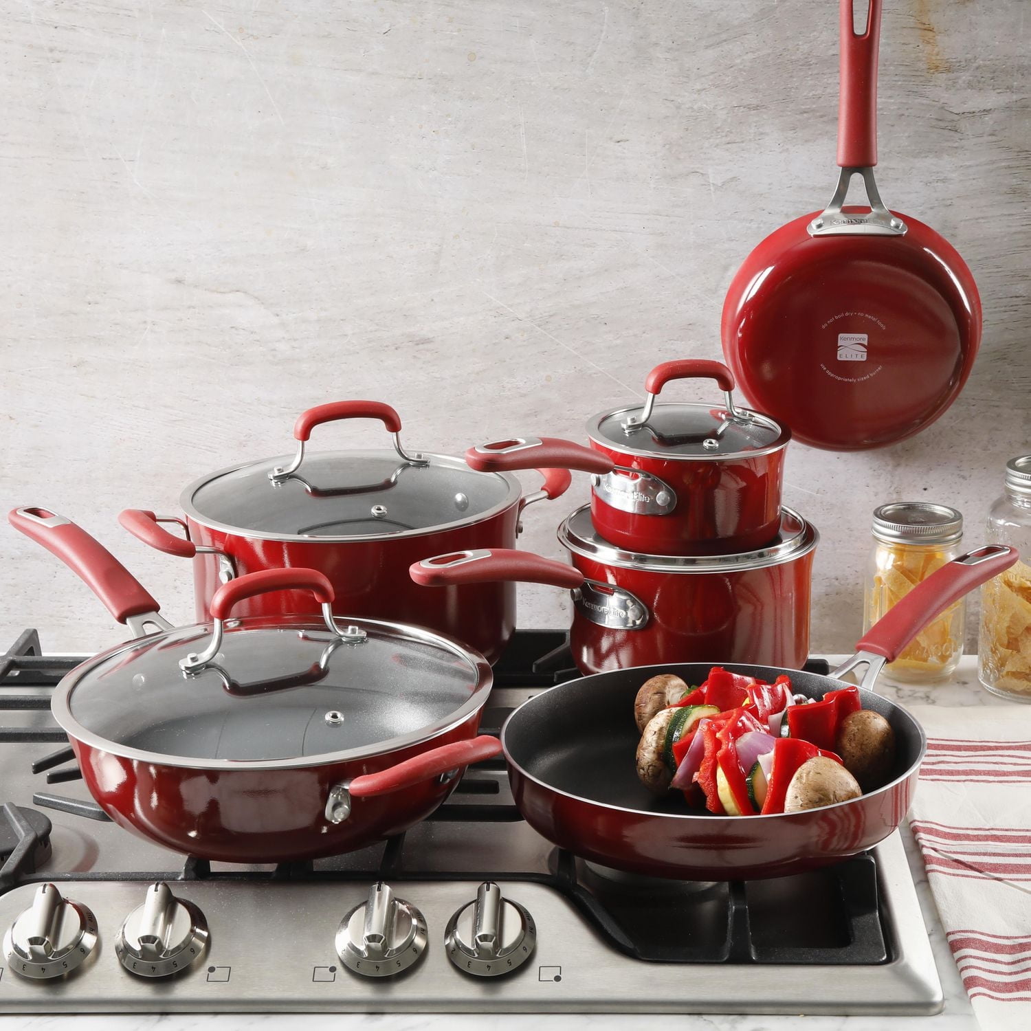 "Kenmore Elite Andover 10-Piece Nonstick Cookware Set, Gradient Red<br>"