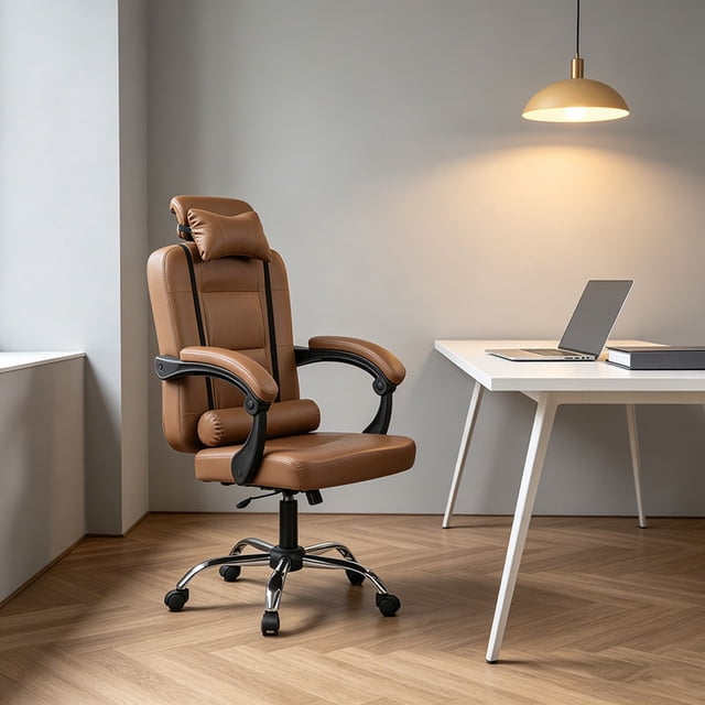 Silla Ejecutiva Silla para Escritorio Asiento Acolchado De Vinil Piel con Almohadillas Lumbares Silla Ergonómica Escritorio Ajustable De Altura Y Respaldo(Brown)