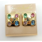 Kenneth Jay Lane Satin Gold Plated Pastel Glass Crystal Clip Earrings
