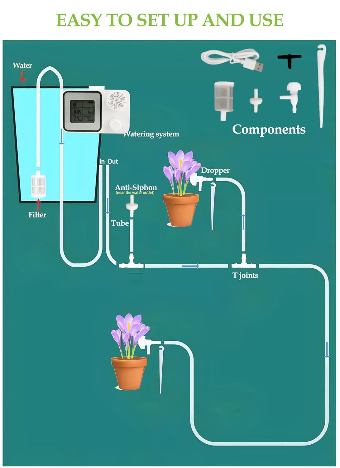 XZKING Automatic Plant Watering Device Rechargeable Drip Irrigation Watering System Kit DIY, 15 Potted Plants, Watering Timer for Vacation While Away